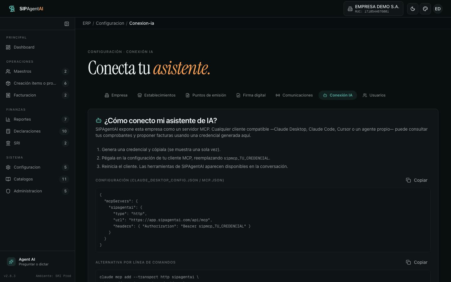 Pantalla de conexión de un asistente de inteligencia artificial por MCP