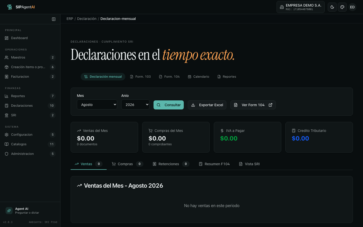 Formulario 104 con los casilleros calculados a partir de los comprobantes