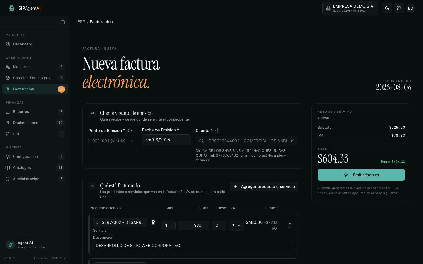 Pantalla de emisión de una nueva factura electrónica